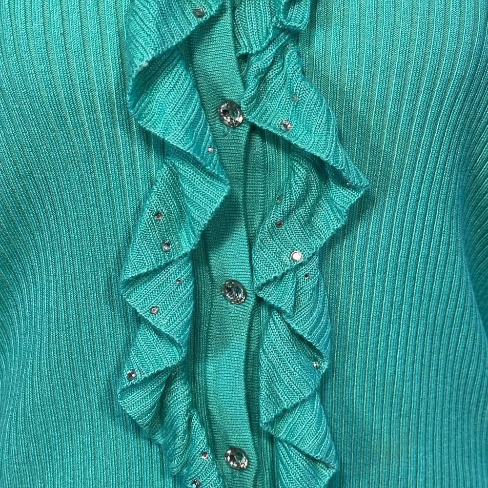 Belldini Luxe Turquoise Ruffle Rhinestone Vest Cardigan Figure Flattering Large✨ - Picture 6 of 9